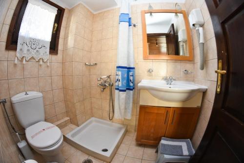 a small bathroom with a toilet and a sink at Maistrali Hotel in Afissos