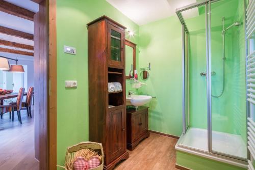 a bathroom with green walls and a sink and a shower at Zur Schönen Aussicht Hotel garni in Garmisch-Partenkirchen