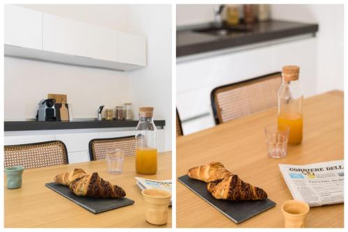 two pictures of a table with bread and a bottle of orange juice at Portofino Dream Flexyrent in Portofino