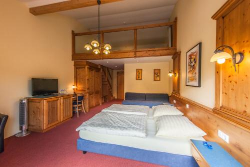 a bedroom with a large bed and a tv at Hotel Belle Vue in Vianden