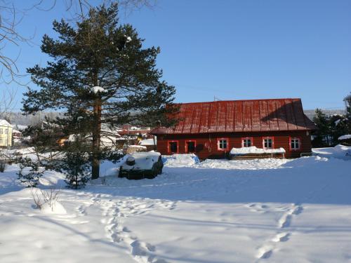 ein rotes Haus mit einem Baum und Fußspuren im Schnee in der Unterkunft Goralská obora in Ždiar