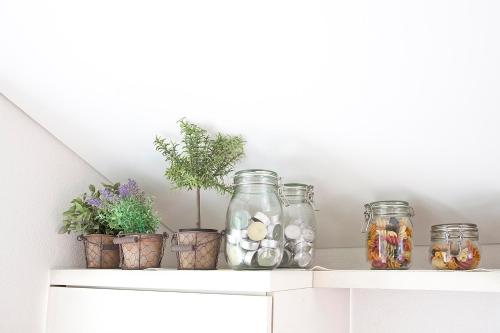 a shelf with potted plants and jars on it at MyVerzasca Resort Casa Rossa in Brione