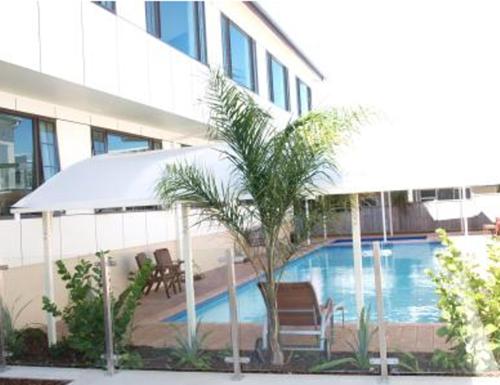 a building with a palm tree and a swimming pool at Albany Rosedale Motel in Auckland