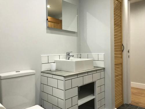 uma casa de banho branca com um lavatório e um WC em The Cothi Bridge Apartments em Carmarthen