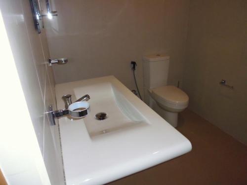 a bathroom with a white sink and a toilet at Lanrich Eco Villas in Mirissa