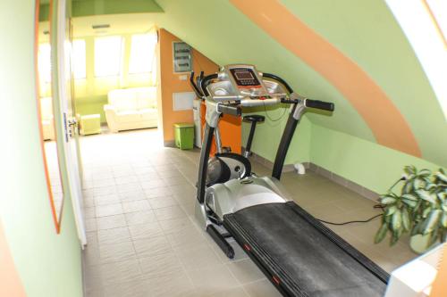a gym with a treadmill in a room at Hotel Járja in Hajdúszoboszló