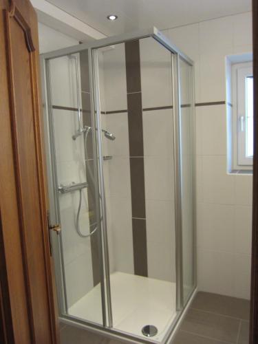 a shower with a glass door in a bathroom at Apartment Bachmann in Oberau