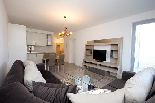Una sala de estar con un sofá y una cocina. en Apartment Melina, en Dobra Voda