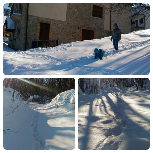 three pictures of a person playing in the snow at Le Pietre Ricce B&B in Roccamontepiano