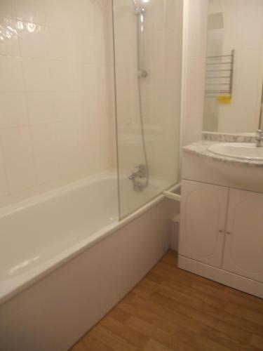 une salle de bain avec douche et lavabo dans l'établissement Résidence Goélia Les Chalets de Super-Besse, à Super-Besse