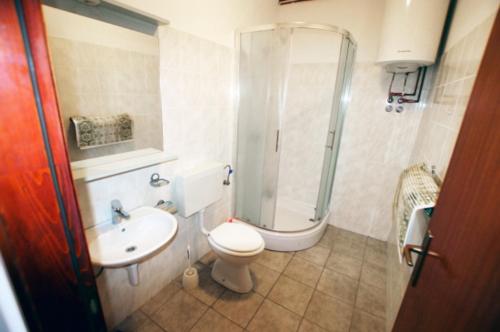 a bathroom with a shower and a toilet and a sink at Slanica studio ID 816 by HeartofDalmatia in Murter