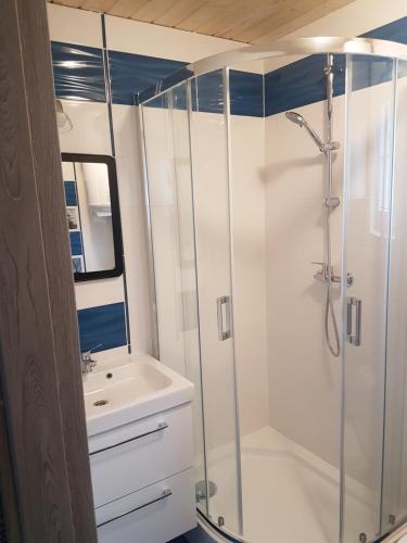 a bathroom with a shower and a sink at Domki Skandynawskie Kopalino in Kopalino