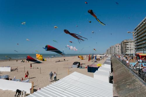 a group of people on a beach flying kites at Hotel Prado in Ostend