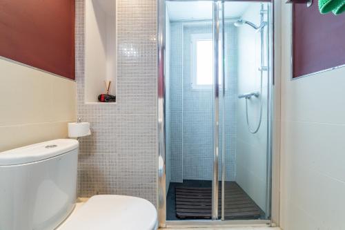 La salle de bains est pourvue de toilettes et d'une douche en verre. dans l'établissement Travel Habitat - Centro, à Valence