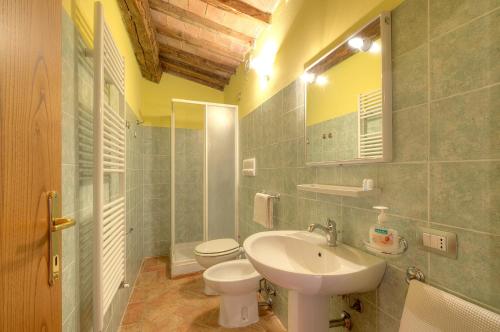 bagno con lavandino, servizi igienici e specchio di Agriturismo Villa Felice a Volterra