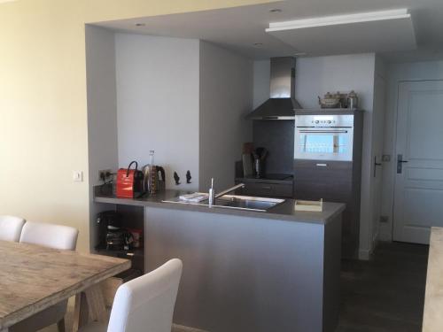 une cuisine avec un évier et une cuisinière four supérieur dans l'établissement Port rive gauche Oyat, à Marseillan