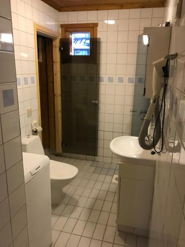 a bathroom with a sink and a toilet and a television at Tervakosken Tervaniemi hirsimökki & oma sauna in Tervakoski