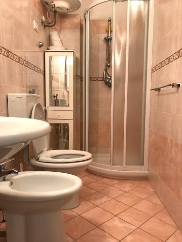 a bathroom with a shower and a toilet and a sink at Le Case di Mia in Marciana Marina