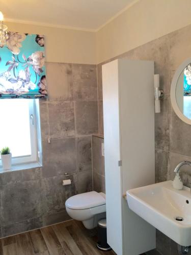 a bathroom with a toilet and a sink at Ferienhaus Strandgut in Petersfeld