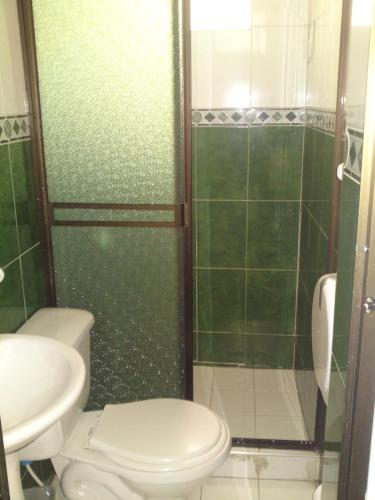 a bathroom with a toilet and a shower at Hotel Manila Plaza in Bogotá