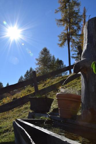 a sun shining over a fence with potted plants at Untere Roner Kasa in Mörtschach
