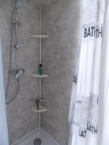 une salle de bain avec une douche avec un rideau de douche dans l'établissement Cosy kaz, à Bormes-les-Mimosas
