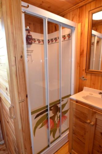 a bathroom with a shower and a sink at Echuca Gardens in Echuca