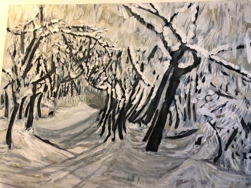 a painting of trees with snow on them at Atelierwohnung Jirana in Saalfelden am Steinernen Meer