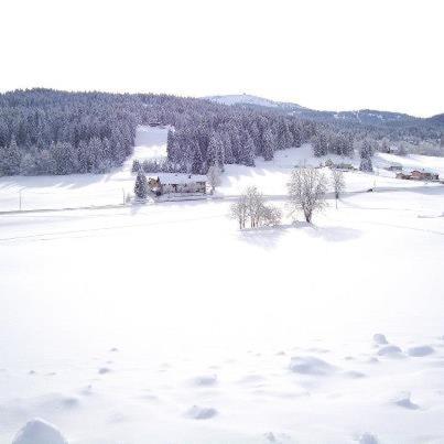 a field covered in snow with a house in the background at LOGIS Les Arobiers in Lamoura