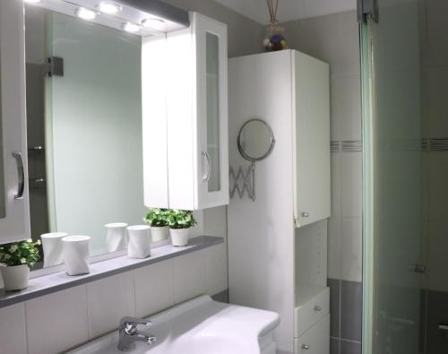 a bathroom with a sink and a mirror and a shower at Grand Bleu Apartments & Villas in Ermioni