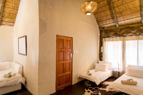 a room with two beds and a door at Chacma Bush Camp in Balule Game Reserve