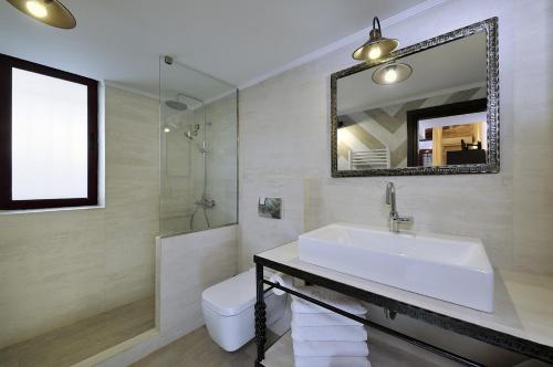 La salle de bains est pourvue d'un lavabo, de toilettes et d'un miroir. dans l'établissement Dryades & Orion Hotel, à Athènes