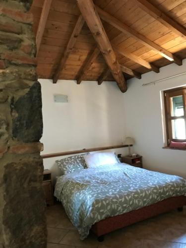 1 dormitorio con 1 cama en una habitación con techos de madera en Il Portico, en Carrosio