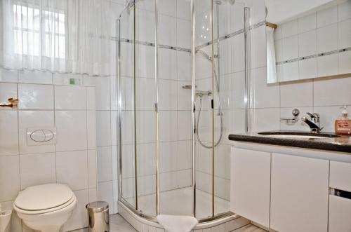 a bathroom with a shower and a toilet and a sink at Apartment St. Louis 2.5 - GriwaRent AG in Grindelwald