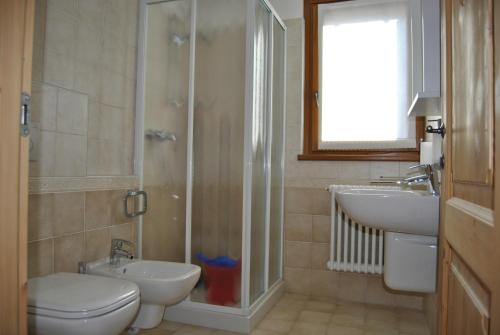 a bathroom with a shower and a toilet and a sink at Casa Vacanza La Rocca in Chiesa in Valmalenco