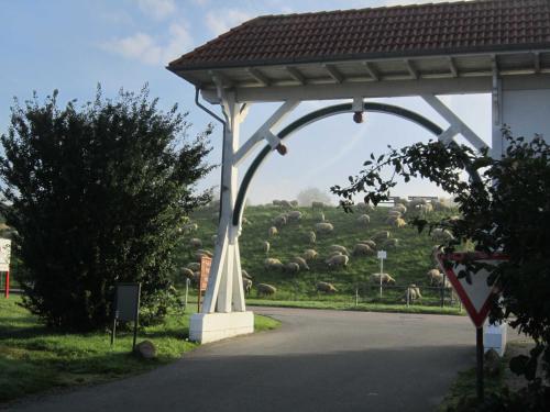 a gazebo next to a road with a herd of animals at Ferienhaus Scout 42 im Feriendorf Altes Land in Hollern-Twielenfleth