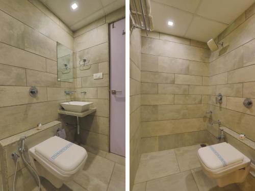 two pictures of a bathroom with a toilet and a sink at Hotel Repose in Ahmedabad