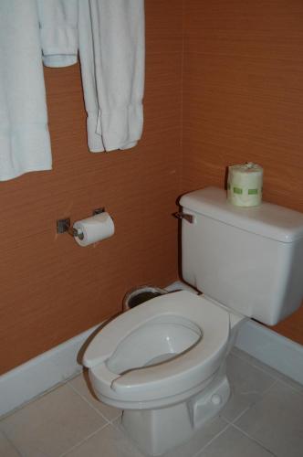 a white toilet in a bathroom with towels on the wall at Windsor Inn Hotel in Washington