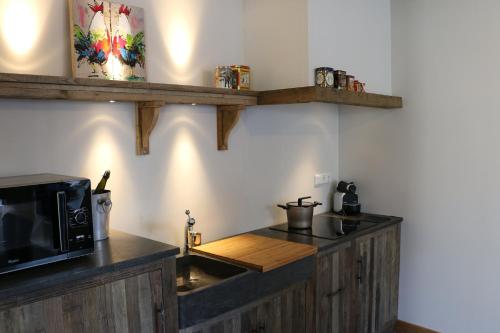 a kitchen with a microwave and a counter with a sink at Vrouwenpolder in Vrouwenpolder