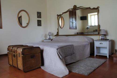 Cittaducaleにあるbed and breakfast "il Picchio Verde"のベッドルーム1室(鏡付きベッド1台、スーツケース付)