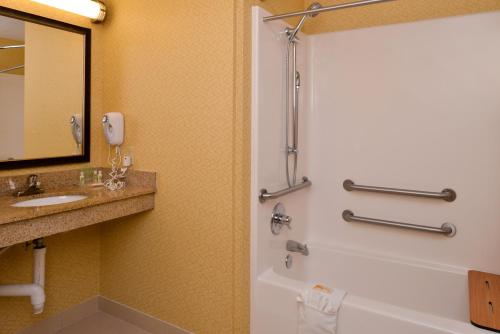 a bathroom with a shower and a tub and a sink at Holiday Inn Poplar Bluff by IHG in Poplar Bluff
