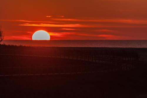 a sunset on the beach with the sun in the horizon at Casa Lagoa Verde in Esmoriz