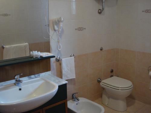 a bathroom with a sink and a toilet and a phone at Hotel Grandinetti in Parenti