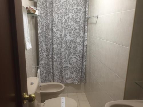 a bathroom with a shower curtain and a toilet at Hotel Ovetense in Oviedo