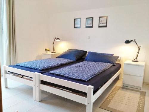 a bed with blue pillows on it in a room at FeWo WELL in Gladenbach