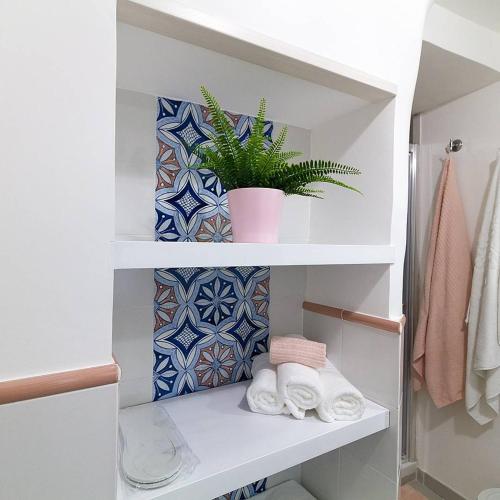 a bathroom shelf with towels and a potted plant at Kallion house in Vietri sul Mare