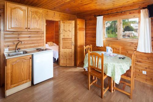 a kitchen with a table and a sink in a cabin at Hotel y Bungalows Balcón de Competa in Cómpeta