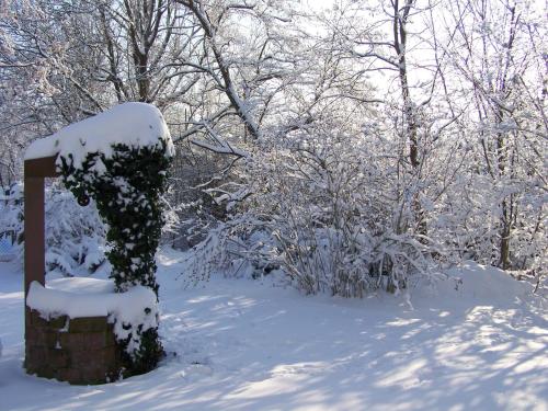 a statue covered in snow next to some trees at Badische Landoase in Kehl am Rhein
