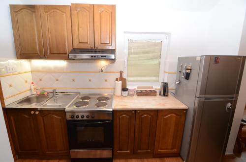 a kitchen with a stove and a refrigerator at Maritimo Apartments in Kotor