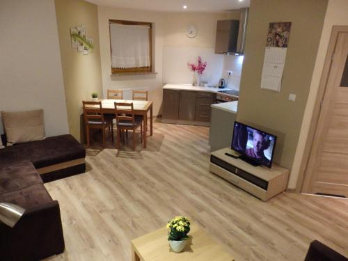 a living room with a couch and a tv and a kitchen at Apartament Luna in Karpacz